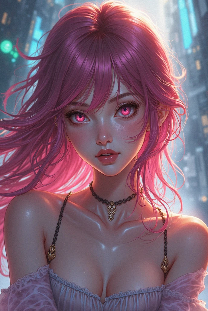A demon woman, pink hair with blue tips, hornless, anime style