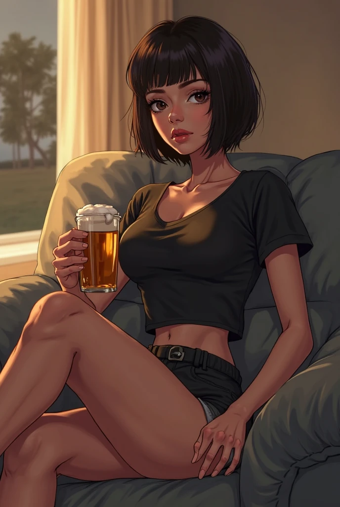 Elaine,shoulder-length black hair,eyes browns, thin lips, Round face, breasts big, in the living room sitting on the sofa, having a good time drinking a beer, bottles next to,detailed artwork.