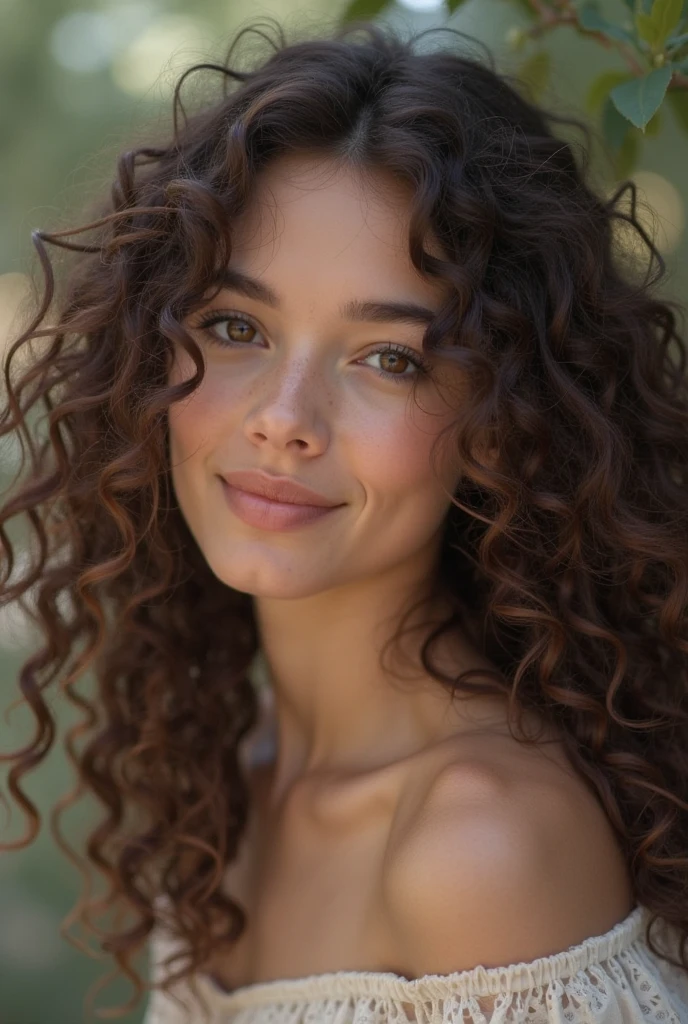 Photo d’une Femme d’origine portugaise, German and French with brown curly hair, les yeux vert avec un légèrement obèse 