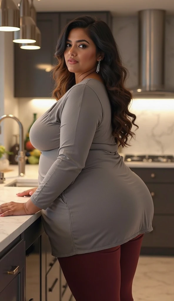 A beautiful and hot almost chubby mature woman with big butt.who is wearing a long black dress. wearing high heels and standing in the kitchen. A smiling face.