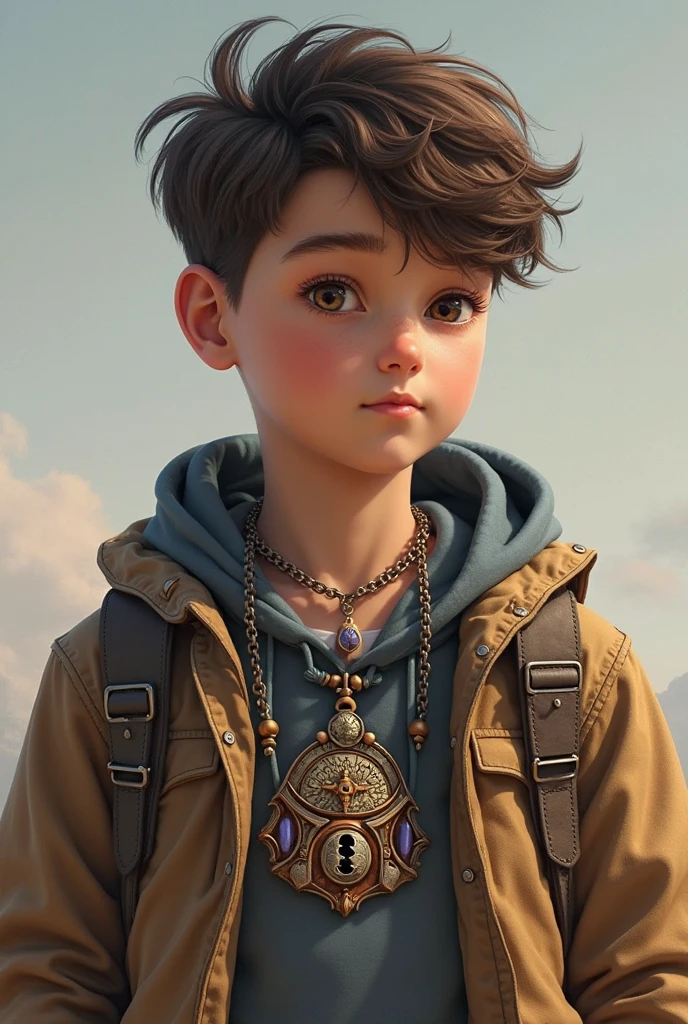 Best quality, masterpiece, ultra high res, detailed background, realistic, solo, male 4 boy with brown hair, short, light-eyed with light smile, starry background