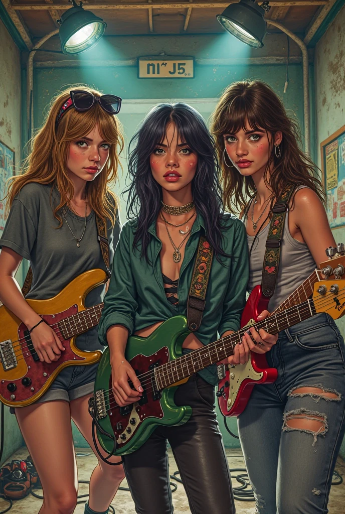 italian mom and her daughters on top of a stage playing hard rock music, hard rock dress