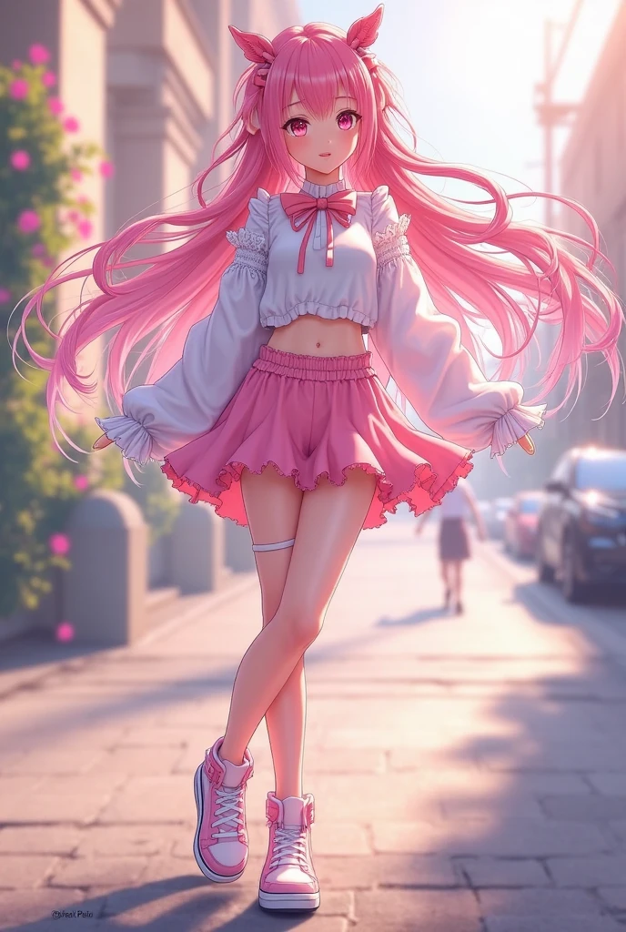 A cute fit 18 year old woman with long black-to-blue gradient hair, bright and reflective blue eyes. white spaghetti fit shirt. pink hair, fair skin, and long, beautiful legs that match her red shoes. She was wearing a knee-length, see-through red-white dress. She beg in the White background Studio. She is holding cat , full body 4k, Front view.