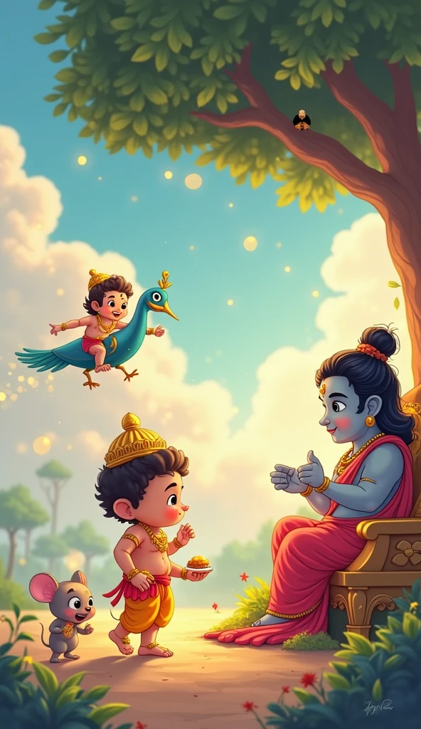 Mother mahakali and Ganesh and murugan are laughing at the clouds ,heaven , cartoon, cool , smart , small ears , manga, sun shine , rainbow , mouse , peacock