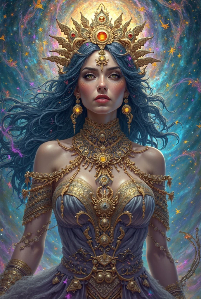 Metaverse Woman body, of eternity artifact Holly souls item a highly-detailed dark fantasy masterpiece illustration by seb mckinnon; deep colors, intricate detail, backlight, trending on artstation, volumetric light , cosmos style, stars clouds, black holes,