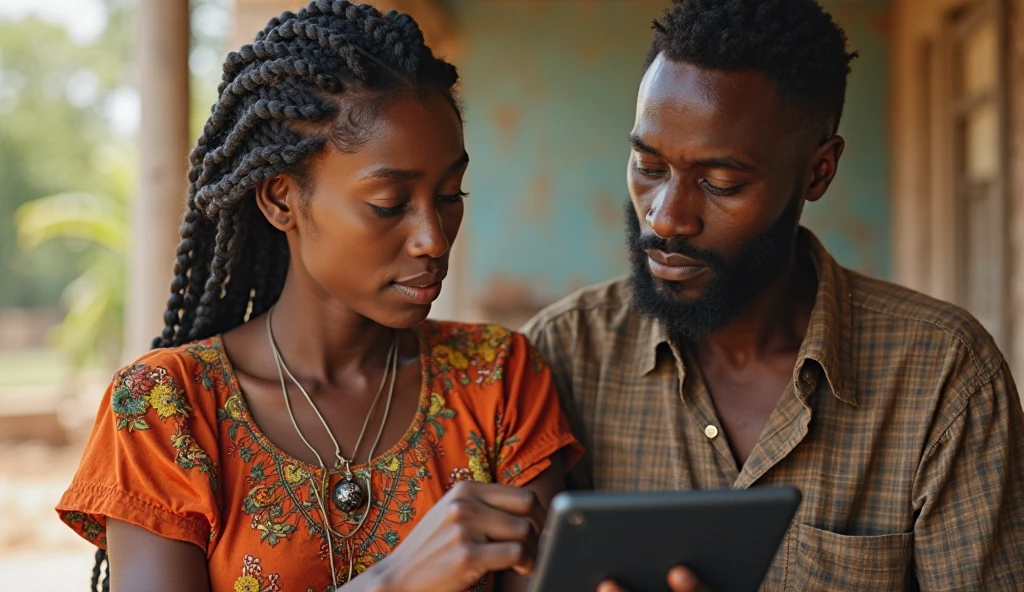 Draw up an image of a black couple, the man has to have dreadlocks talking on cell phone with each other in Anime mode