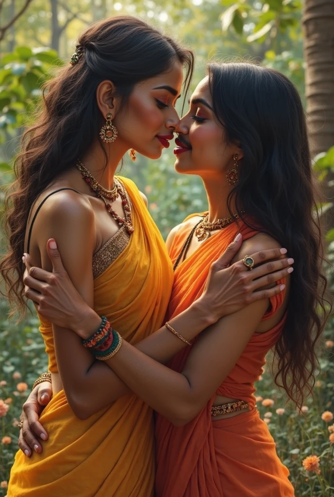 Two very sexy indian women rivals look like bollywood celebrities both have nice curvy bodies,both women hating each other staring hatefully each other angrily,both standing so close to each other,car parked in heavy jungle ,both bodies pressed together, pulling each other hair ,both rivals want catfight both wearing sexy silk saari