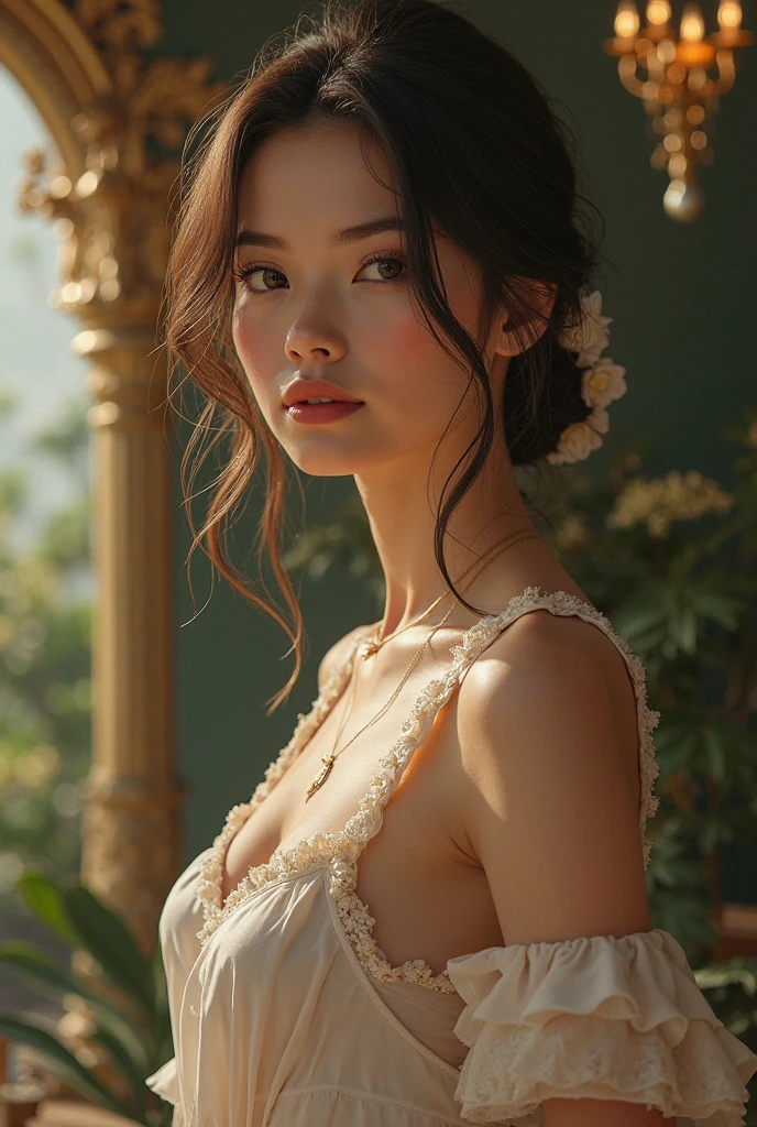 A woman, sensual, she is an adult, brown hair tied in two buns, (((a woman with tied in two buns 1.7)))(((very beautiful))), perfect faces, she is surrounded by white flowers in her room, dark and cold palette, beige dress that fits her body, brown eyes, 8K, modest clothing, extremely detailed, (high quality, realistic, photorealistic: 1.37), ideally defined proportions, meticulously crafted features, inaccessible beauty, perfection, artistic art, vivid realism, hyper-detailed sculpting, realistic shapes, truly inspiring, impeccable craftsmanship, pure brilliance, ethereal beauty, delicate contours, striking poses, sublime beauty, subtle nuances, dynamic compositions, vibrant colors, perfect lighting, moving expressions, heavenly aura, majestic presence, dreamlike atmosphere, unmatched high level of detail, high-octane rendering in artstation, 8k art photography, concept art photorealistic, volumetric cinematic soft natural light, chiaroscuro, award winning photography, fine art, oil on canvas, beautiful, detailed, intricate, insane