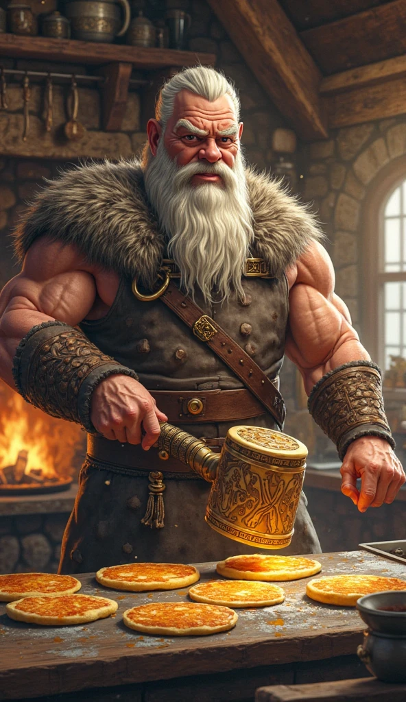 A dwarf, blacksmith, with his body sculpted large muscles, in his workshop with a yellow lens goggles, a large, gray hammer in his hand, shirtless, at the time he works, many details, white beard, a smile, with the hammer placed next to his neck, looking forward, with the glasses stuck in his hair