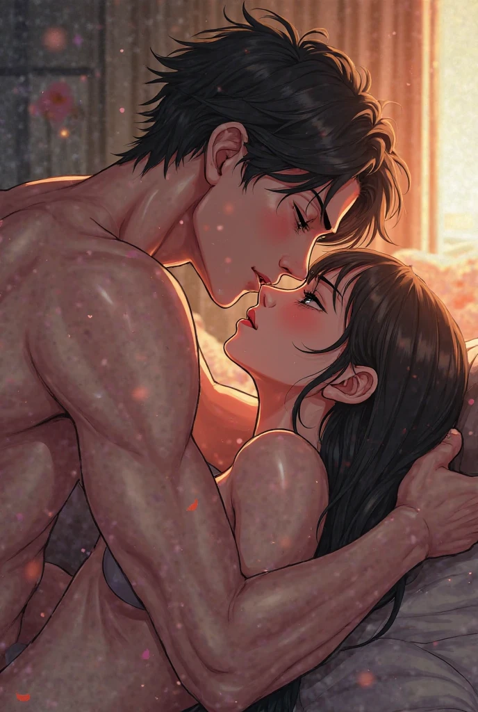 (A muscular man in the bed holding a black-haired woman, kissing her passionately in a nighttime bedroom: 1.9) (Intense and intimate moment between the couple: 1.9) (The man has short brown hair and is wearing a casual shirt: 1.8) (The woman’s black hair cascades down her shoulders, highlighting her beauty: 1.9) (Their faces express deep love and desire: 1.9) (Soft candlelight illuminates the room, creating a romantic ambiance: 1.8) (The bed is adorned with luxurious silk sheets and scattered rose petals: 1.8) (man wearing a white shirt)