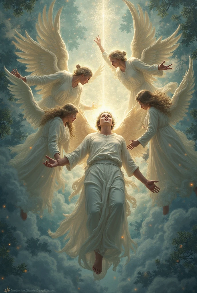 An angel awakening disheartened people lying prostrate on the ground to a new life