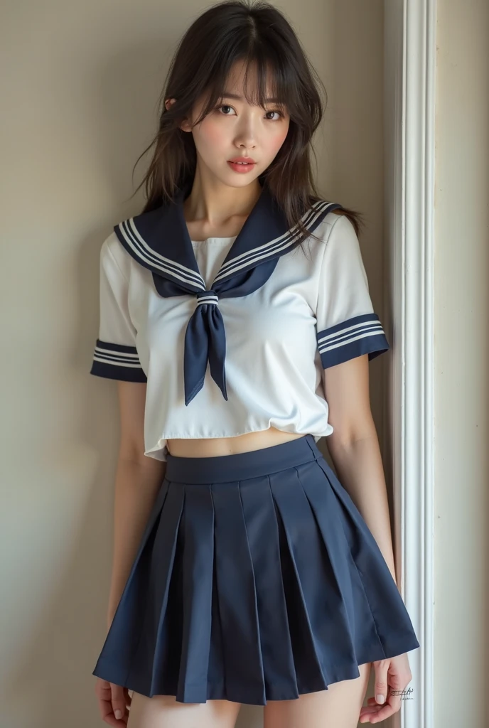 8k UHD、Digital single-lens reflex camera、High resolution、shallow depth of field、Natural light、(((sailor suit)))、(((Dark blue super mini skirt)))、(((full body shot)))、small person、(((young face)))、1 Japanese girl、16 years old; beautiful girl、(black hair)、(((brown eyes)))、Glossy skin、smooth thin hair、long hair、detailed background、highly detailed eyes and face、clear eyes、cute smile、Calm atmosphere、(((climb the stairs)))、(((detailed small breasts)))、(((beautiful eyes)))、petya pie、children `s、(((tight thighs)))、(((white panties)))、(((angle from below) ))、(((detailed lips)))、(((The skirt is fluttering)))、beautiful shining legs、((nsfw))