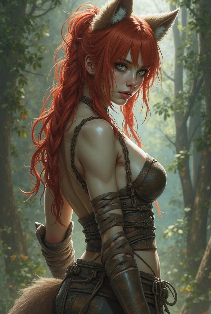 arafed woman with a bloody face and red hair is in a body of mud, a very beautiful berserker woman, angry high moral sexy werewolf, deviantart artstation cgscosiety, inspired by Ryan Barger, cat girl, feral scene, female anthropomorphic wolf, furry fantasy art, by Shen Zhou, fan art, cgsociety contest winner!!! --auto --s2