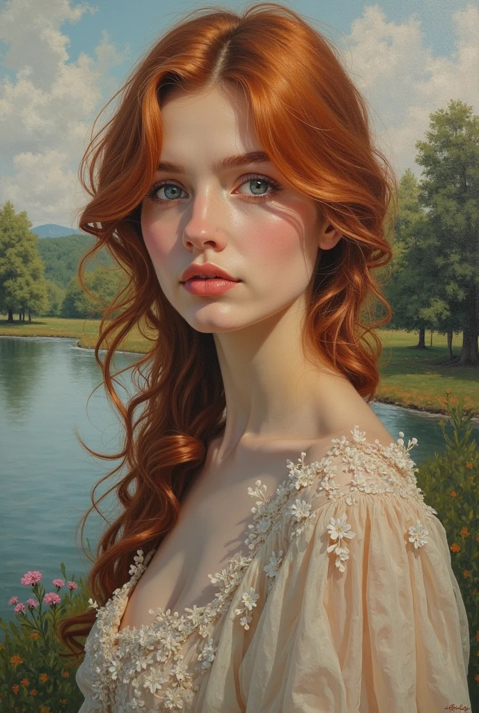 painting of a naked pale skin muscular teenaged redhead girl with huge breasts in a classical setting, featuring intricate details in her delicate facial features, graceful posture, and soft flowing hair, surrounded by lush greenery and soft dappled light, in the style of William-Adolphe Bouguereau, capturing the essence of beauty and realism