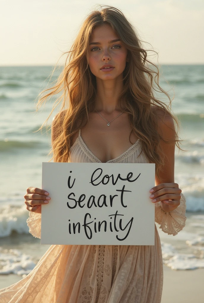 Beautiful girl with wavy long hair, bohemian dress, holding a white board with text "I Love Seaart Infinity" and showing it to the viewer