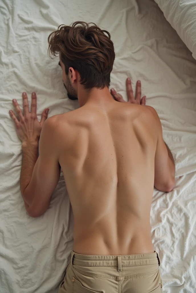 Man wakes up as a woman without clothes on top and only in a black thong, You can see him lying on his back in bed touching his breasts and vagina with a scared and frightened face while he cries..