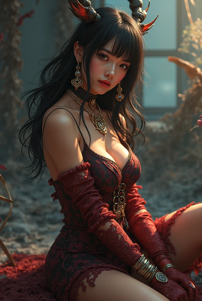 (masterpiece, anime, best quality, perfect face, (beautiful and aesthetic:1.4), highest detailed face), (dark fantasy illustration:1.3), (gorgeous mature martial artist woman, (in a revealing black and golden china dress showing most of cleavage with golden flower decorations), ((long silky black hair with bangs), (fake breasts), narrow waist, thick thighs, flawless skin, (red eyes:1.3)), (inside garden), beautiful alluring anime woman, anime goddess, full shot, looking at viewer, (solo:1.3), (elegant, intricate, detailed digital anime art, high quality, 4k, extremely detailed, sharp, CG, hyper realism, dramatic light, HDR),