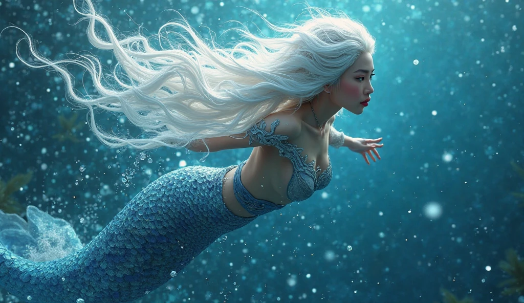 A mermaid to swim in the sea, a blue scale, earlobe are fins, tapering tail, silver hair, a tight arm sleeve, the tail and fins which spread