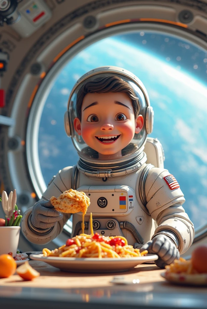 There is a boy is eating Thai spicy papaya salad on space station together with joyful and do thug shake