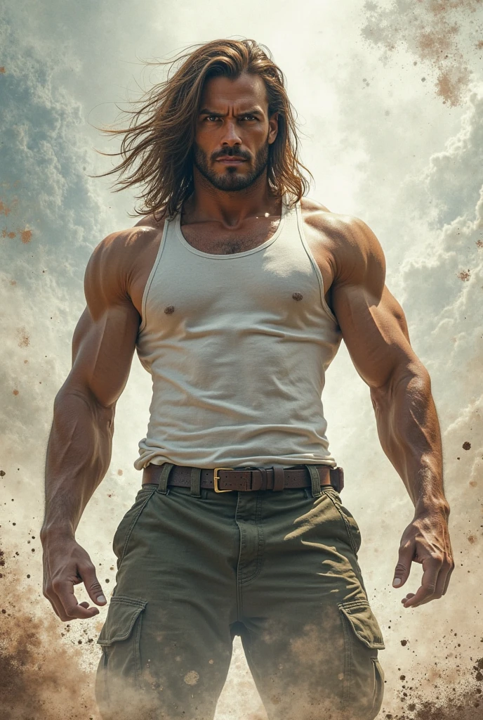 young Arnold Schwarzenegger, long hair, jeans, long jacket, gray t-shirt,1 belt, holster, rivets, just one body, big gun in hands, in space, explosions behind, fire behind, night, front view