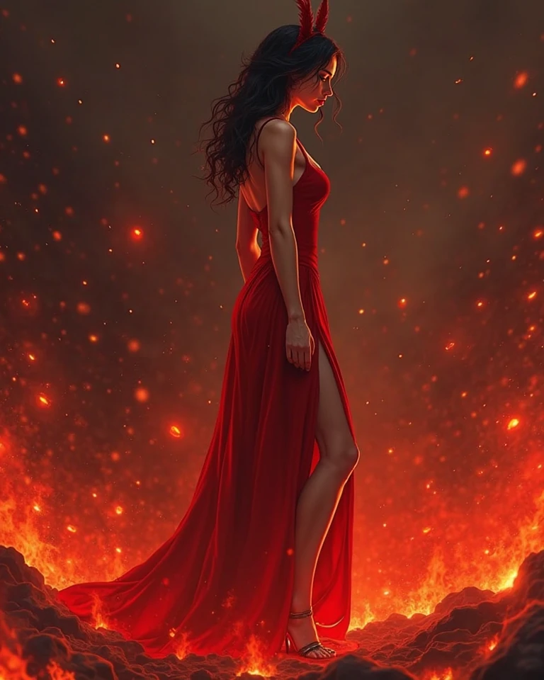 A beautiful woman, waering a short sleeveed red dress, jumping into a pit of lava, underground 
