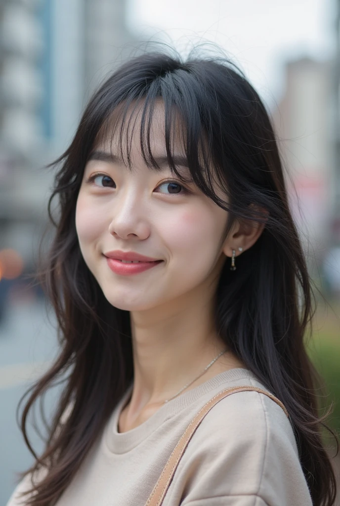 Make a photo of a Korean beauty in her 20s smiling and acting cute..