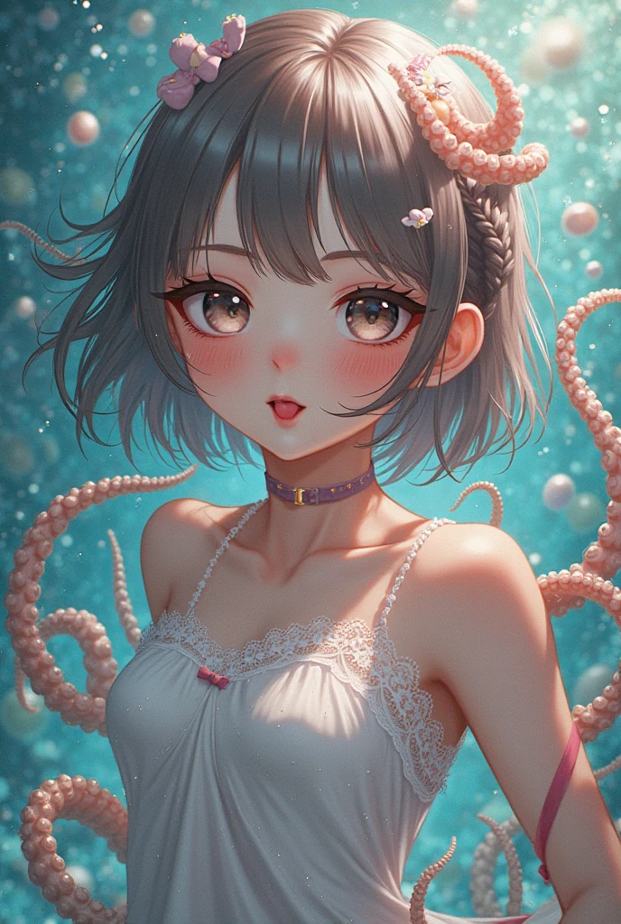 Nezuko from Kimetsu no Yaiba with pink eyes has dark brown hair and the tips are orange., diving with jellyfish , with white micro bikini, her nipples are marked