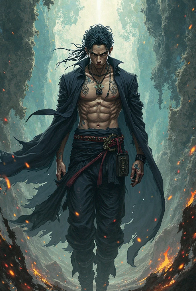 Um homem de cabelos pretos, wearing no shirt, yellow coat, with a staff . In steampunk anime style
