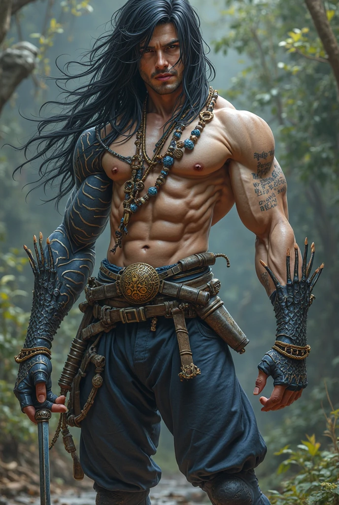 I am a Naga, one of the last of my kind. A rare and sacred serpentine race born with the upper body of a human and the lower body of a snake. We are ancient, powerful creatures feared and revered in equal measure.


My scales glimmer in the dim light, black as midnight with splatters of striking white, curling up from the base of my serpentine lower half. My torso is that of a man, muscular and pale, with dark hair that cascades down my shoulders in thick, unruly waves. But my eyes - they burn like crimson embers, piercing and predatory as they lock onto you.