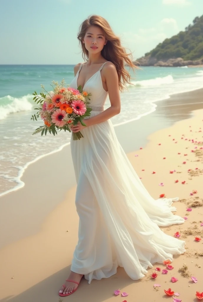 ((top-quality、masterpiece:1.3)), fullllbody, long legged, foco nítido:1.2, Cute woman with perfect body shape smiling face:1.4, Slender Abs:1.1, ((dark brown hair、hugetits:1.2)), (White luxury wedding dresses、White bouquet、White veil、tiarra、white stockings、White high heels、Having a bouquet、Standing alone), ((Beach at sunset:1.3)), Highly detailed facial and skin texture, A detailed eye, 二重まぶた、hugetits