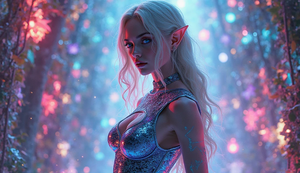 A beautiful elf girl in sexy night lingerie, silver hair, blue eyes, pink lips, intricate details, high fashion, cinematic lighting, fantasy art, dreamlike, glowing skin, elegant pose, enchanting atmosphere, ethereal, hyper realistic, 8k, best quality, masterpiece
