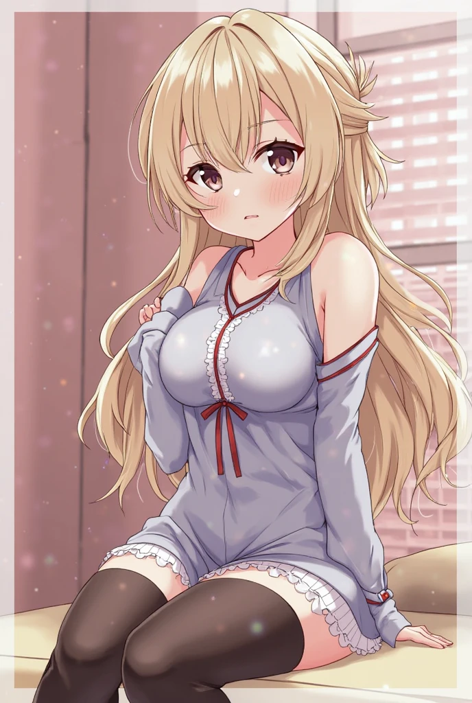 (masterpiece, top quality, super high quality, super high detail, beautiful hair, beautiful eyes, perfect face), girl's room, pretty white based room, morning sun coming through the window, white lace curtains, not wooden room, short twintails hair, blond hair, very baby face, droopy eyes, heterochromia, pink eye, orange eye, very huge breasts, 145cm tall girl wearing only large pajamas and nothing on her lower body, sitting on bed with one eye closed, one hand covering her mouth, one hand stretched out to the side, yawning loudly with a big stretch, very sleepy expression, munching, Half eye, bare feet, thighs