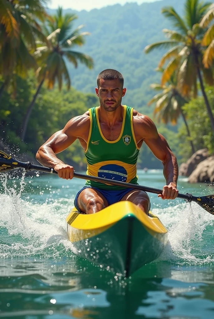 A handsome 27-year-old tall white young man in a men's fashion show on the beach shore wearing a green, yellow and blue Brazilian swimsuit with a beach ball in his hand. Many people applaud him and bubbles are around him. Tight boxer shorts in the colors of the Brazilian flag. Unshaved, white, tall with black hair.