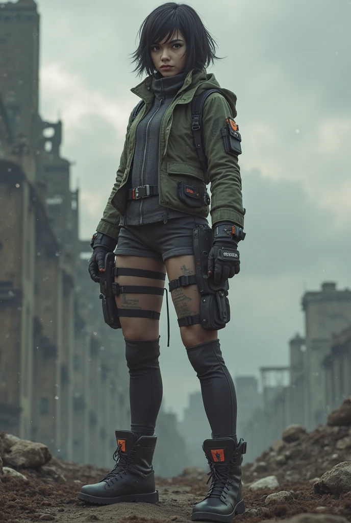 Girl, teenager, 18 years old, holding two knives, green city in the background.