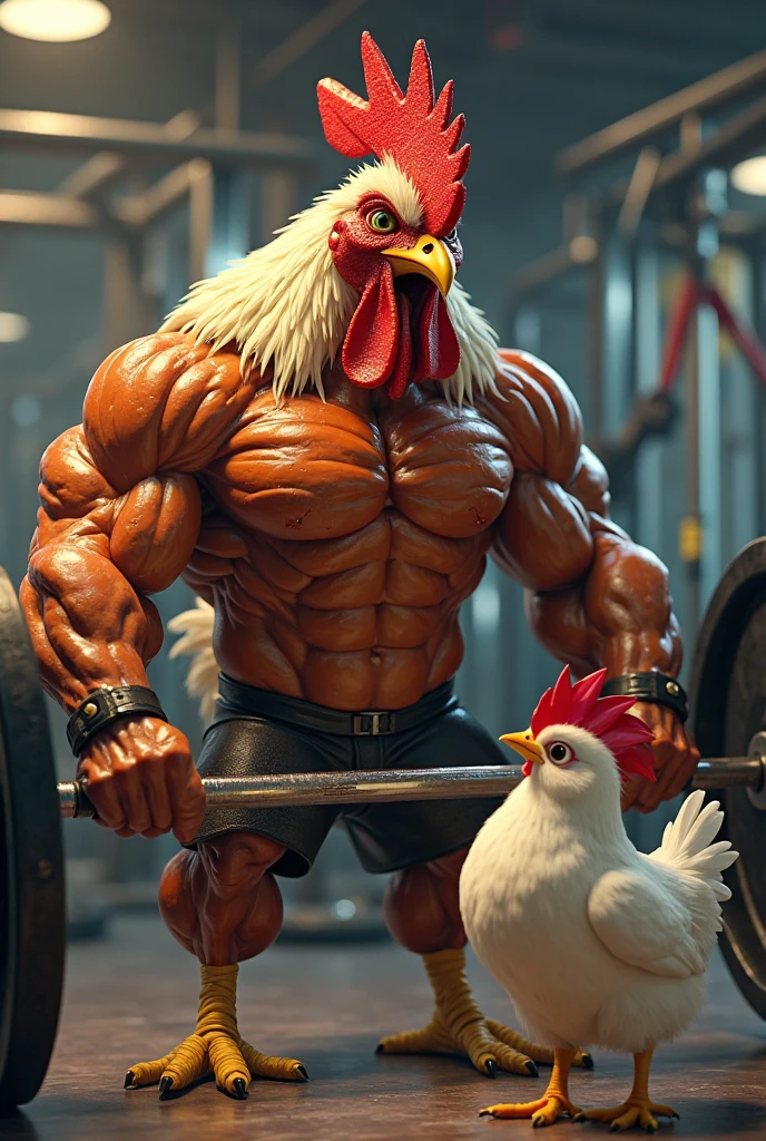 An extremely muscular man, with veins protruding from his powerful muscles, and white hair and beard plucking a chicken, angry, , in the background the living room of a house