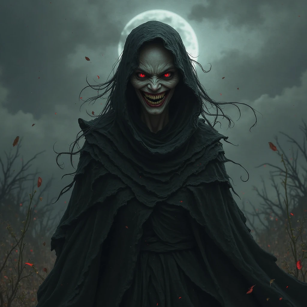 girl assassin in hood and cloak, holding a knife, crazy face, crazy grin, realistic style, upper body, dark sky blood moon background