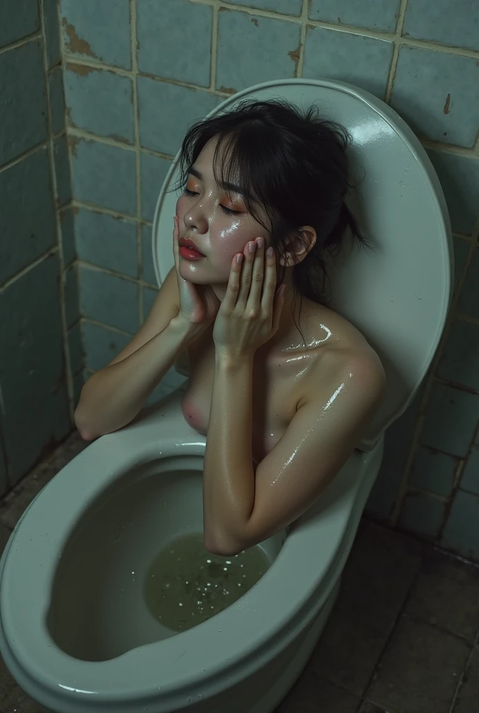 (highest quality,Cowboy shot:1.2),background,dirty urinal,public Restroom,(perfect beautiful face:1.2),(perfect and beautiful posture:1.2),(Solo, young naked Japanese woman lying on the men's public urinal,((she is a naked urinal and no humanrights),(pov_strangling:1.5), (confused:1.3,embarrassed), shyness:1.1),((flat chest:1.3)), black hair,(Sweaty, sunburned skin),((open mouth:1.3)),((scared expression,constricted pupils:1.3,tears)),arms Down,arms banned,(Golden pee on the body and breasts:1.3),penis awe