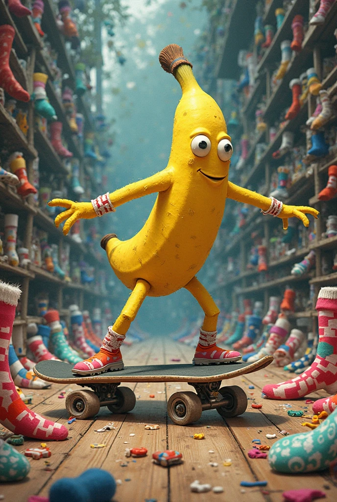 Drawing of a twisted plastic bottle, animated, arm, leg, eyes, mouth, skateboard, 3D,
