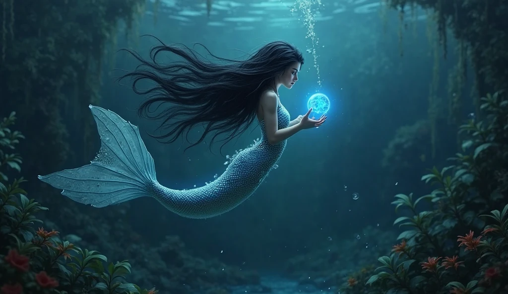Mermaid trapped in a glass jar asking for help from a sailor looking at the sky, anchor at the bottom of the sea, moon shining, stones shells and lilies
