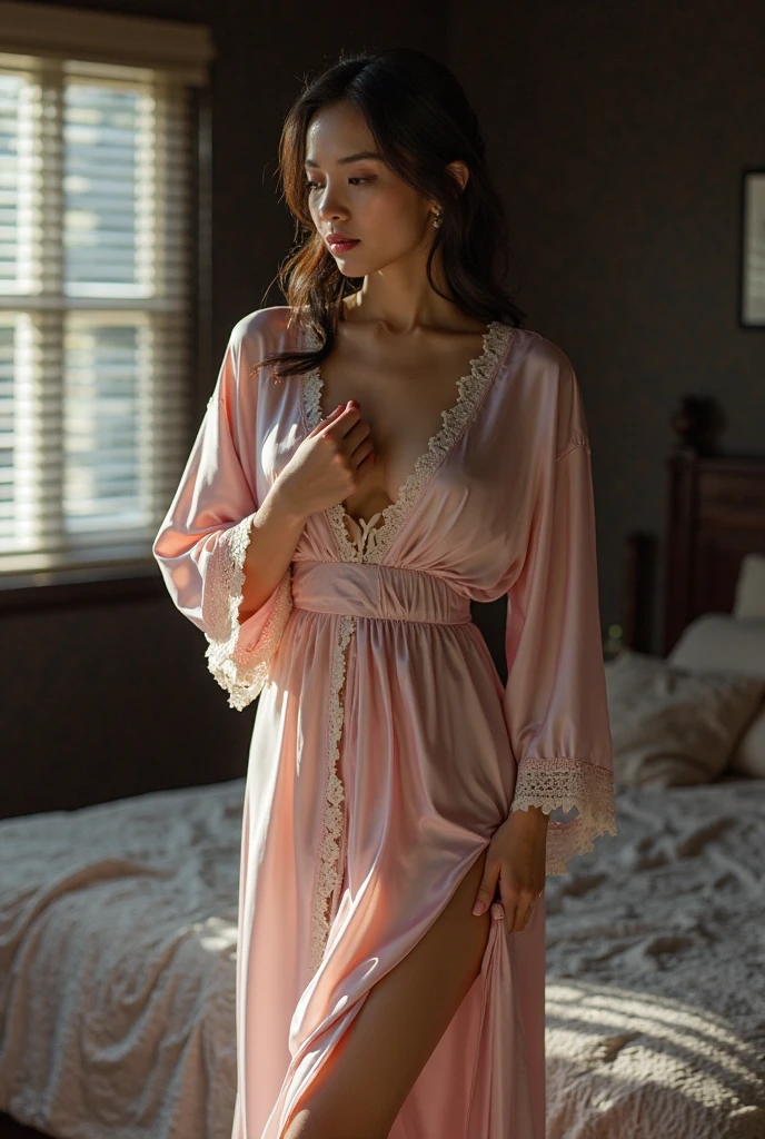 Beautiful woman in vey long translucent pink satin dress