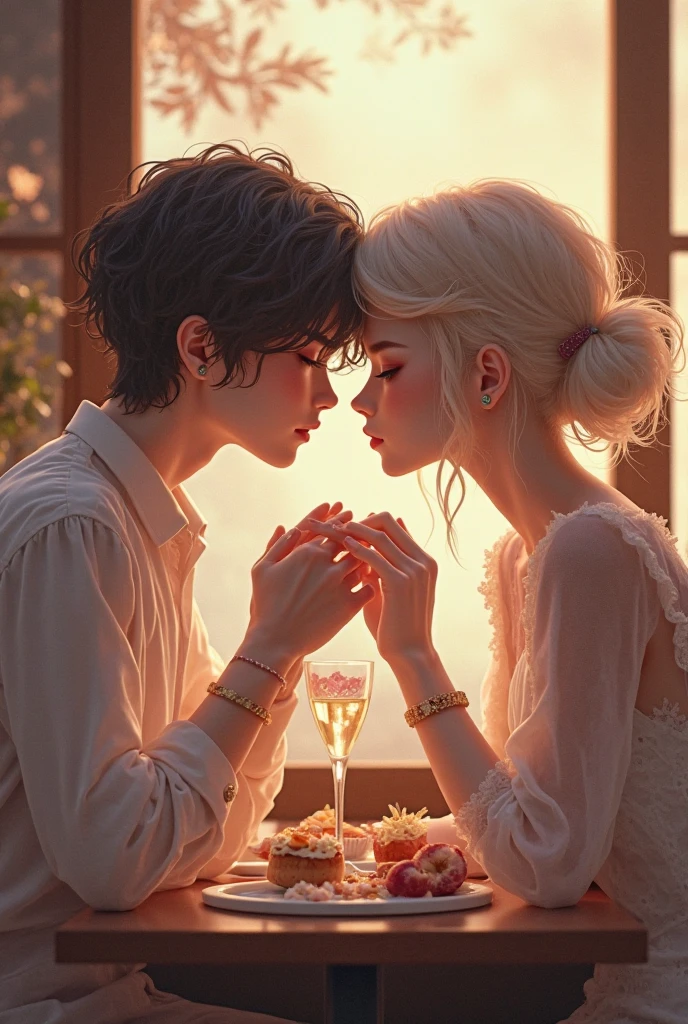 A couple at a restaurant table having dinner, they are laughing and happy, the woman has very short white hair and violet eyes, the man has black hair and wears a black dress shirt