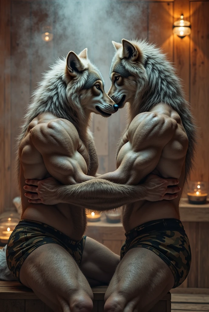 A muscular tattooed humanoid wolf cutting the hair of a man with a large beard