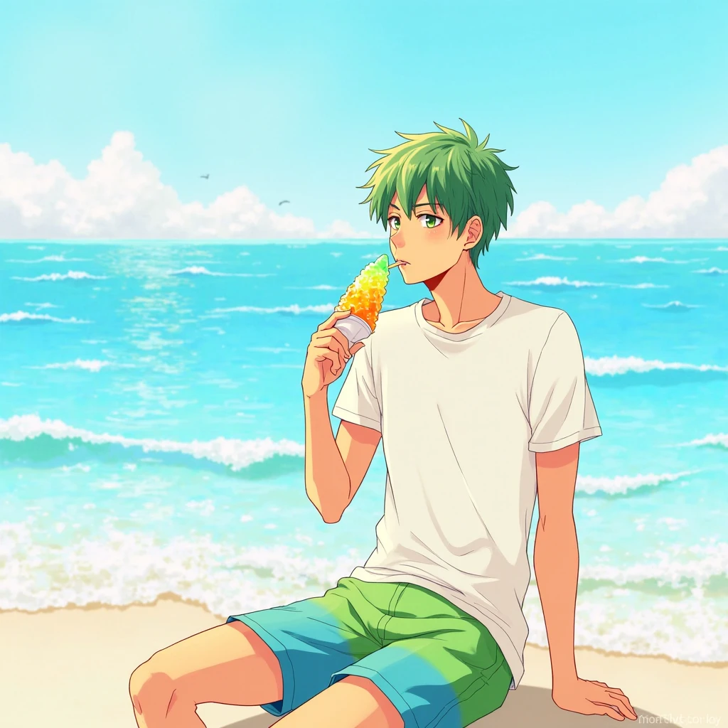 masterpiece,high quality,solo,
<lora:kamillebidan001:0.7>,
kamillebidan,1boy,
short hair,aqua hair,blue eyes,
eating watermelon,
shirtless,short pants,ocean,