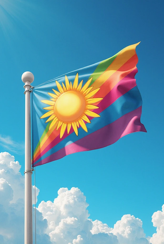 LGBT flag in the sky with sunlight atop Everest
