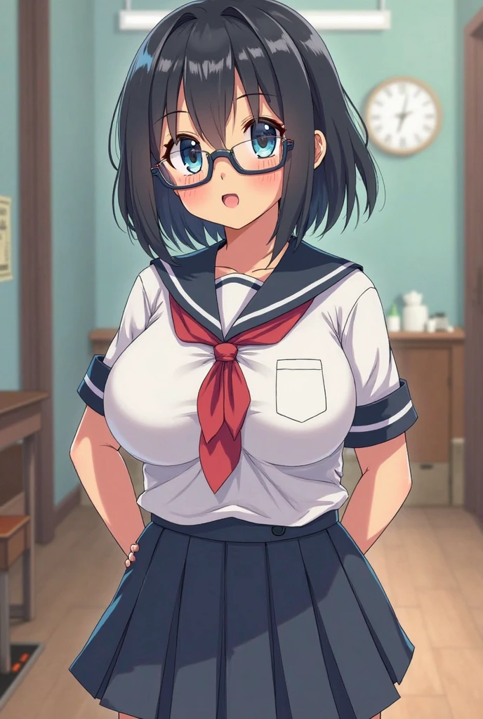 Ultra-detailed illustrations、Ultra-precise expression、masterpiece、Highest quality、High resolution、High resolution、Hiromitsu Takeda Style、White background、Simple Background、breast enhancement、One girl、solo、、Baby Face、Black Hair、Drooping eyes、Timid、Black glasses、Two short braids、Big Breasts、Embarrassed expression、White Breath、Shiny skin、Sweat、stand、Sailor suit、skirt、Place your hands on your chest、
