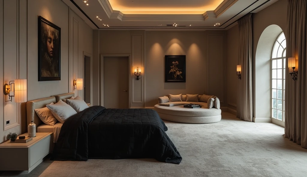 Woman lying on a bed, wearing gray shorts and a red top, in a huge bedroom with a sofa and a TV, luxurious environment, luxury condominium interior, bed room, award-winning interior design, rich lighting, interior design, interior sophisticated, penthouse, bedroom interior, interior photography, dark room, luxury furniture, indoor soft lighting, home interior, neoclassical, exquisite rendering, neoclassical, interior decoration.

Woman, ((Masterpiece, best quality)), full body view, detailed skin, highly detailed, cinematic lighting, ultra realistic, dark brown hair, medium hair, portrait, cleavage, full body view, contrast, close-up up, cinematic light, ultra-high resolution, RAW.

Woman with white skin and dark brown hair. She is around 40 years old, 165 cm tall and weighs 56 kg. She has a perfect mouth, a perfect face. Her body exudes glamor and her face is a definition of beauty. Slender body, thin waist. Highly realistic, hyperrealism, very elaborate skin, perfect face. Clear Photo, High Resolution, High Quality, Masterpiece, 16K Photo, High Contrast, Masterpiece, Nude, Nude, NSFW