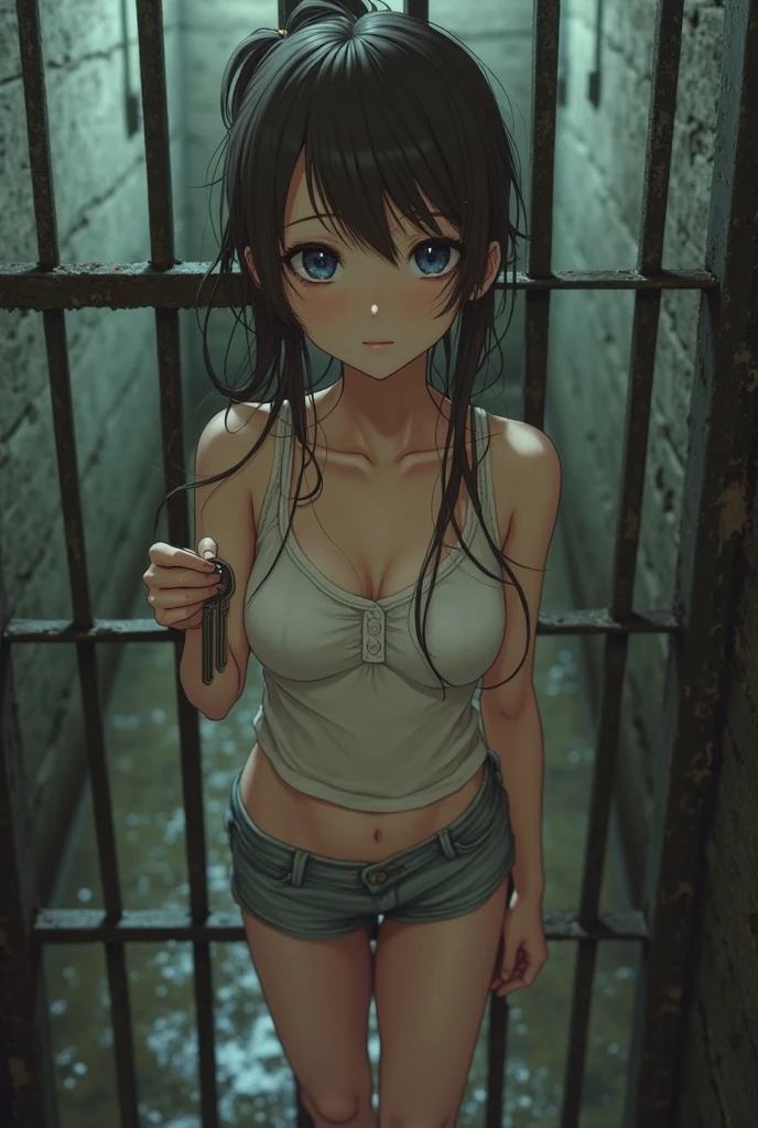 男性警備員とRealisticistic beautiful female 、15 years old、Glare、Stunningly beautiful、mai shiranui、(Beautiful white lingerie)、(Highest quality、8k、32K、masterpiece、Hmph:1.3)、Ultra-high resolution,(Realistic:1.4),RAW Photos, Detailed face,,Beautiful Hair, ((Doctor Style)),、 Natural Makeup,,Medium Perfect Breast, Wet Hair、Sweating after bathing、Detailed Background, Written boundary depth, Beautiful shadow gradation、、Thin limbs、Thin thighs、((whole body))、Sweaty body、((indoor、Underground Prison、Iron bars、Dungeons、prison、solitary confinement))、prohibit、(((Handcuffs on both hands)))、Chain collar、(Rope Bondage、shibari)、Standing、