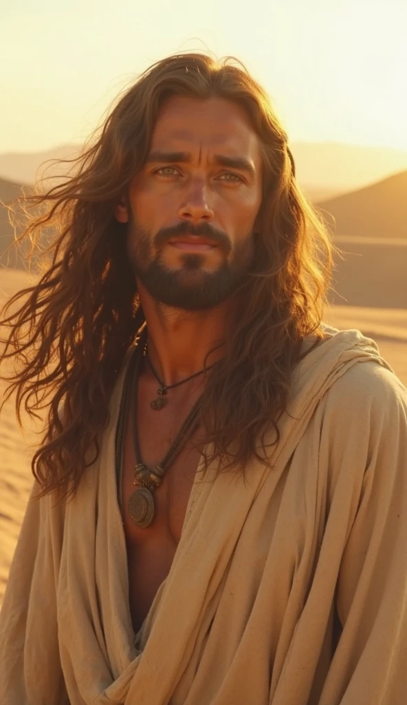 naughty man, 24 years old, very hairy naughty man, blue colored eyes, from Spain, bonitas, wears tunic , (best qualityer: 1.0), with underwear, cinematrographic, 16K, ultra HD, in a studio, role model, sexy naughty man Jesus Cristo, he's staring at the camera , he's in the desert 