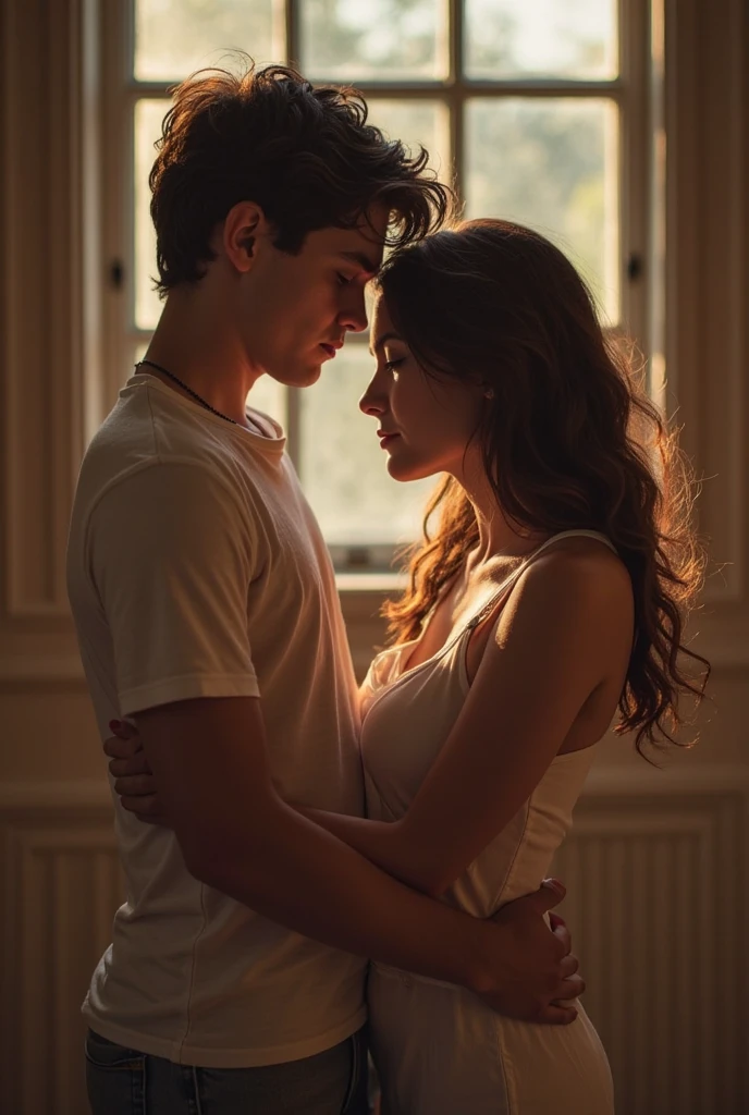 Create an image: a beautiful girl, human, blue eyes and freckles on her face,with black hair, big fit ass , orange highlights, and curly. with white clothes, looking at a window and a boy with brown eyes and hair and white clothes next to her