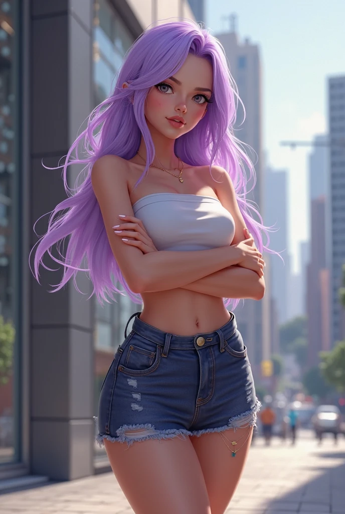 1girl, standing, purple eyes, long lavender hair, braided hair, black tank top, booty shorts, small smile, left hand extended to camera, city, beautiful, original character, human, smooth skin, lean body build, flat chest, plump ass, turning around to camera, pretty face